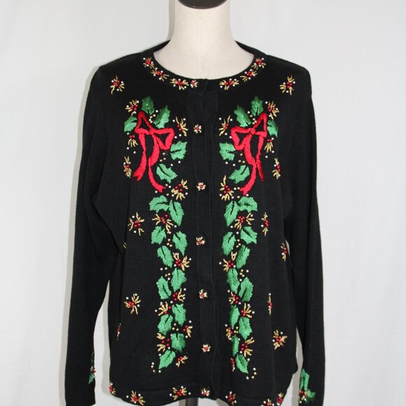 B.P Design Women's Christmas Cardigan Sweater Button Up Holly and Bows Holiday L - Picture 4 of 14